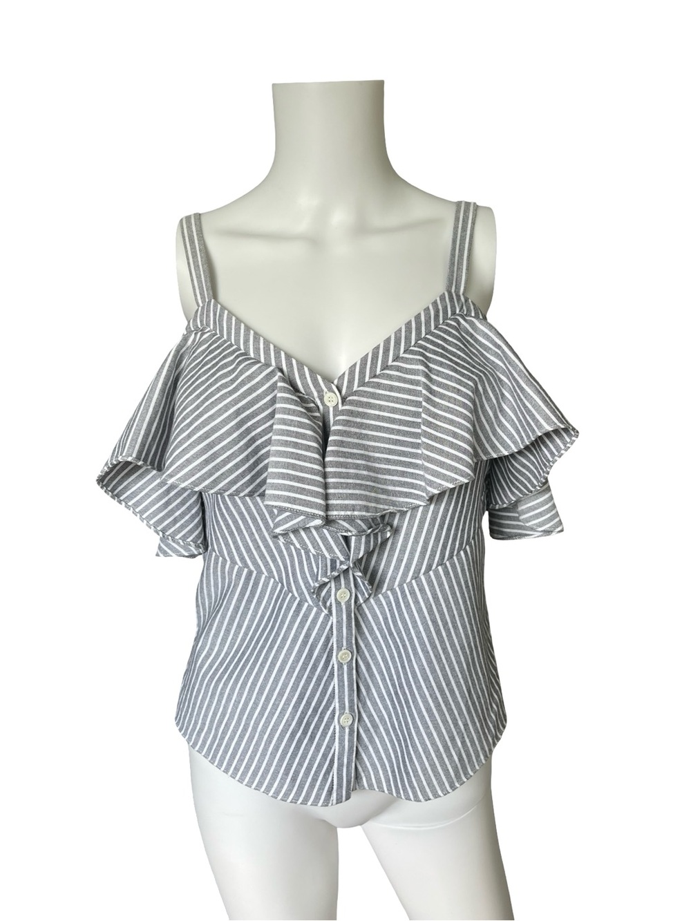 Veronica Beard Grant Off Shoulder Top Ruffle Gray White Stripe Womens Size 0